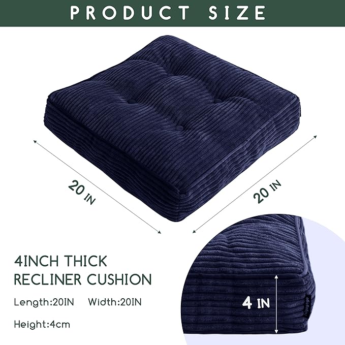 Tufted Corduroy Recliner Seat Cushion for Elderly, High Density Foam Large Square Seat Cushion for Recliner Chair, Floor Pillow, Office Chair, Car, No Pressure on Thighs, 20x20x4
