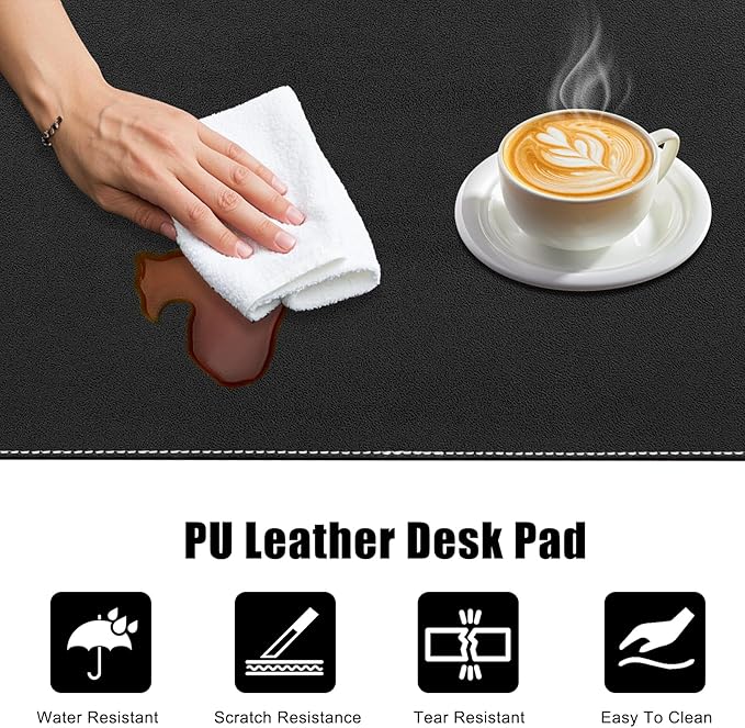 Desk Mat with Lip & Reinforced Stitched Edge|Non-Slip Waterproof PU Leather Desk Pad|Ergonomic Keyboard Mouse Pad with Edge Protector|for Office, Home, Study(28.74" x 16.73",Black)
