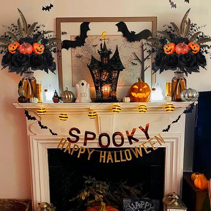 Halloween Artificial Flowers Decorations,Fake Black Roses Eucalyptus Pumpkins with Vase Arrangements Halloween Table Centerpiece for Kitchen Dining Living Room Home Indoor Decor