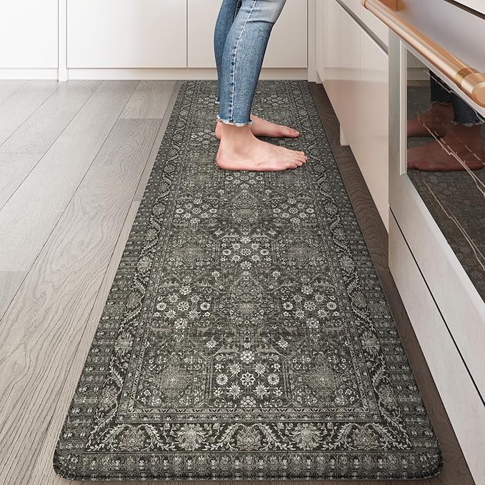KIMODE Anti Fatigue Kitchen Mat, Cushioned Farmhouse Kitchen Runner, Non Slip Waterproof Kitchen Mat for Floor, Comfort Foam Standing Desk Mat for Laundry, Office, Sink Green/Grey 17.3"x59"