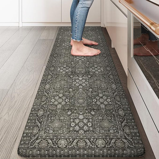 KIMODE Anti Fatigue Kitchen Mat, Cushioned Farmhouse Kitchen Runner, Non Slip Waterproof Kitchen Mat for Floor, Comfort Foam Standing Desk Mat for Laundry, Office, Sink Green/Grey 17.3"x59"