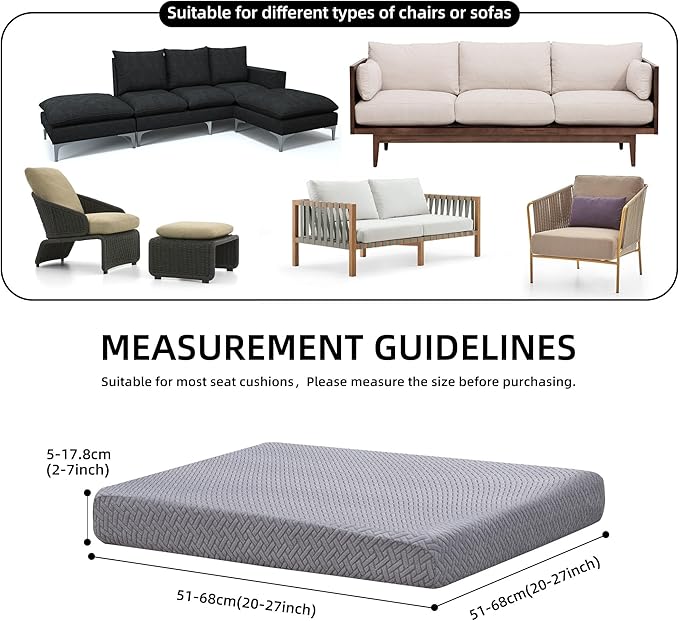 8Pcs Stretch Patio Cushion Cover Outdoor Cushion Cover Replacement Slipcovers Outdoor Cushion Covers Thick Jacquard Textured Twill Fabric Porch Patio Furniture Protector(Grey，Cover，Only)