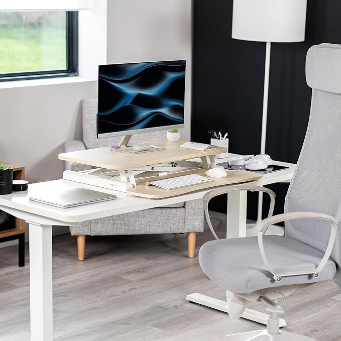 VIVO 28 inch Desk Converter, K Series, Height Adjustable Sit to Stand Riser, Dual Monitor and Laptop Workstation with Keyboard Tray, Light Wood Top, White Frame, DESK-V028KF