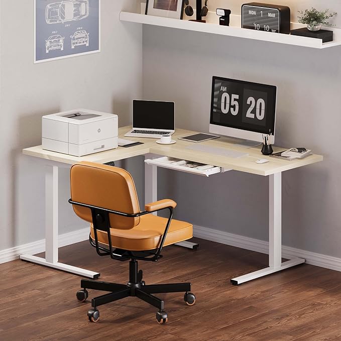 SANODESK L Shaped Electric Standing Desk with Drawer, 63 Inch Ergonomic Adjustable Height Desk with Storage, Corner Desk Sit Stand up Computer Table for Work Office Home, Maple