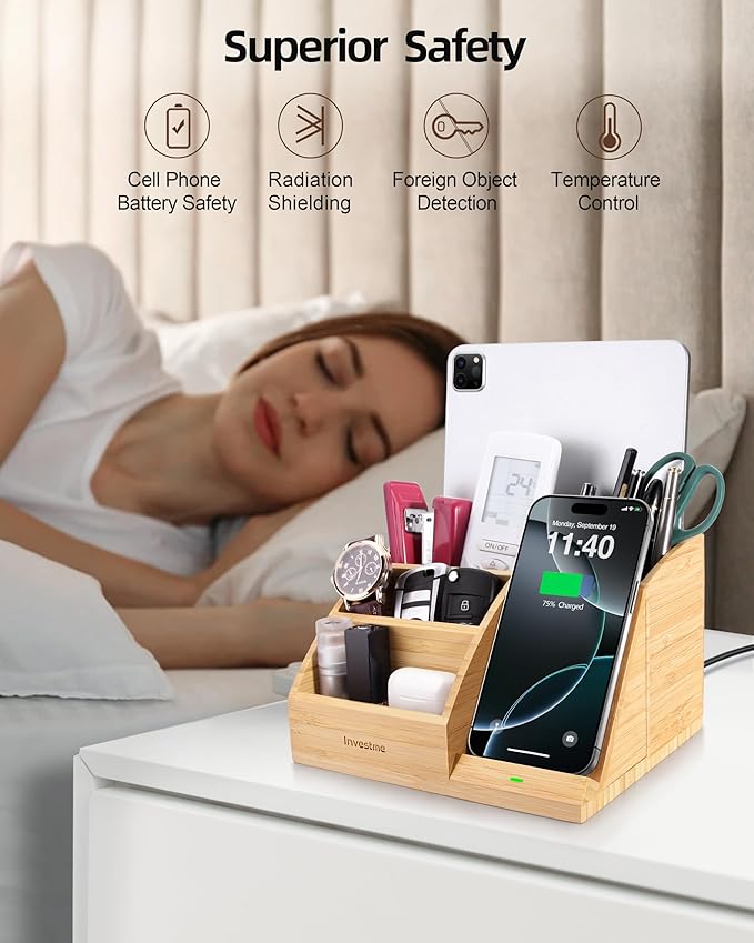 Bamboo Pen Holder with Wireless Charger, Desk Organizer with 5 Compartments for Home Office Supplies Compatible with iPhone & Samsung Series