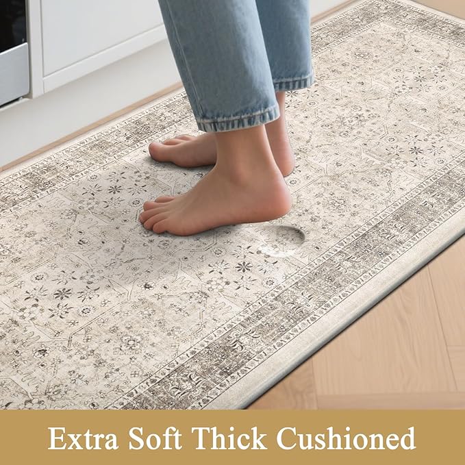 Pauwer Anti Fatigue Kitchen Mat Set of 3 Non Slip Kitchen Mats for Floor Cushioned Kitchen Rugs Comfort Standing Mat Farmhouse Waterproof PVC Foam Kitchen Floor Mat Runner, Khaki