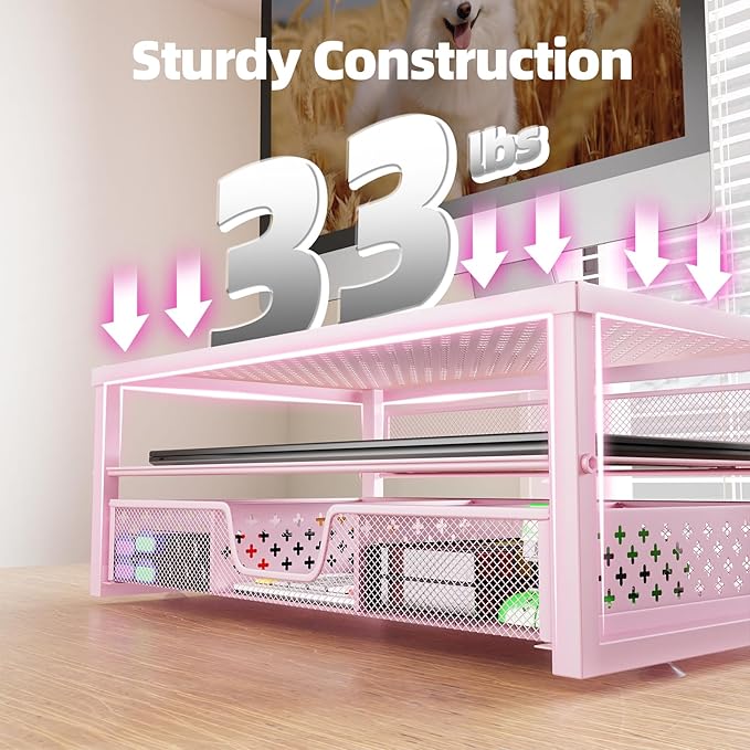 Simple Trending Metal Monitor Stand Riser and Computer Desk Organizer with Drawer for Laptop, Computer, iMac, Pink
