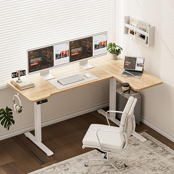 59 Inch L Shaped Standing Desk Adjustable Height, Electric Corner Standing Desk, Sit Stand Computer Table with Reversiable Splice Board,Light Rustic Brown