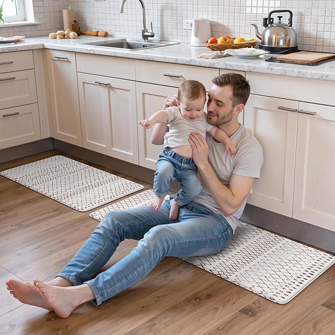 KIMODE Kitchen Mats 2PCS,Cushioned Anti Fatigue Boho Kitchen Rugs and Mats,Non Slip Waterproof Kitchen Mats for Floor,Comfort Foam Standing Desk Mat for Home,Office,Sink,Laundry,Brown and White