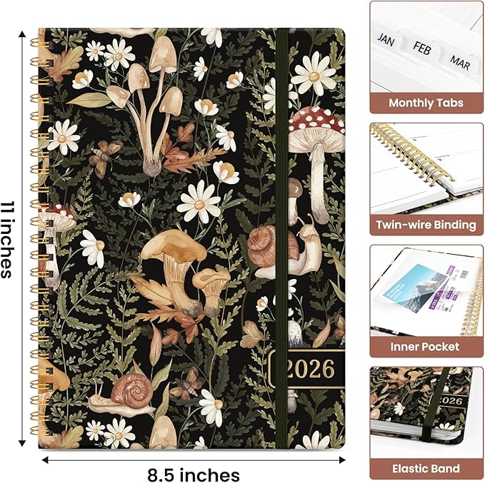 2026 Planner, Monthly and Weekly Calendar Planner for Women, January 2026 - December 2026, Hardcover Pretty 2026 Agenda Planner Book with Tabs, Spiral Bound, Perfect for School Office Home Supplies, 8.5" x 11" - Mushroom