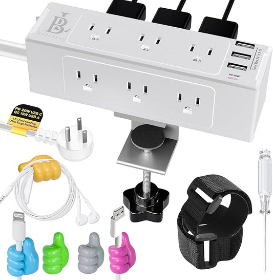 Desk Clamp Power Strip with USB C (20W PD) & USB A, 9 AC Outlets, Surge Protector, Flat Plug, 6.5ft Extension Cord – Desk Mount Power Station with Cable Management Kit for Home & Office– White