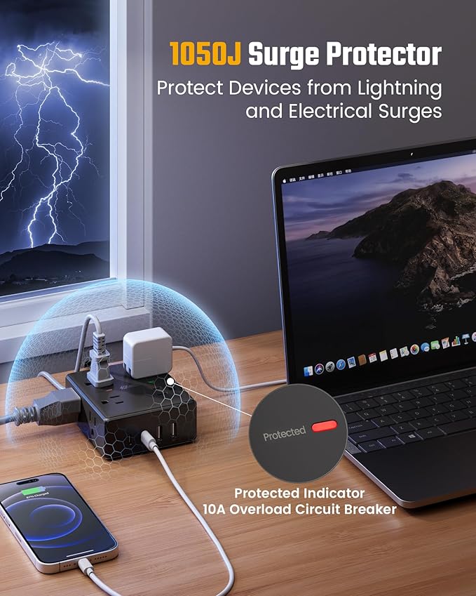 20Ft Long Extension Cord, Flat Plug Power Strip Surge Protector, 8 Outlet 4 USB Ports (2 USB C), Wall Mountable, Desk Charging Station for Home Office, College Dorm Room Essentials (Black)