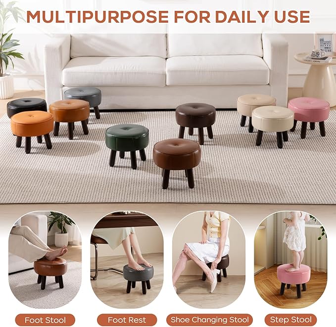 Small Foot Stool, Round Faux Leather Pouf Ottoman Foot Rest, Footstool Ottomans with Rubber Legs Under Desk, 13''L x 13''W x 10.2''H, Footrest for Couch, Living Room, Bedroom, Hallway, Brown