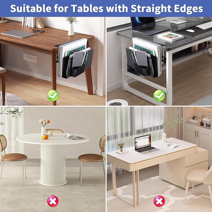 2 Tier Desk side storage, Desk Laptop Holder with Magnetic Pen Holder, No Drill Hanging Table Organizer for Office and Home Fits Flat Edge 0.3" to 2.3"