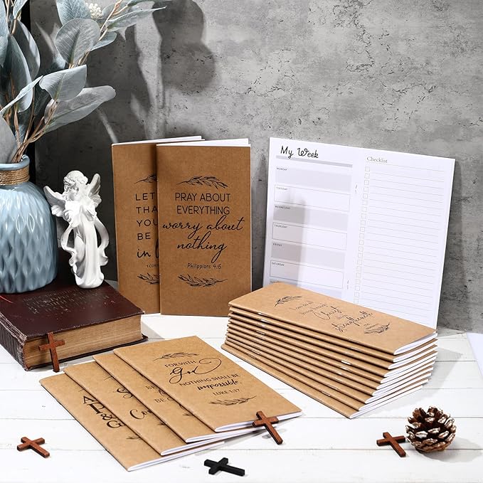 Qilery 30 Pcs Christian Gifts Bulk Pocket Planner 2025-2026 Prayer Journals for Women Men to Do List Weekly Goals for Pastors' Wives Appreciation Day Church Sunday School(Kraft Color,Leaves)