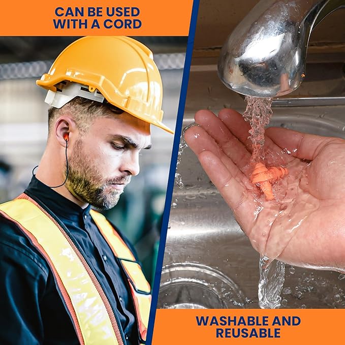 100 Pairs of Orange Reusable Ear Plugs - Individually Wrapped, Providing Ear Protection & Noise Reduction up to 25dB NRR - Bulk Silicone Ear Buds for Motorcycle, Gun Range, Shooting, Sleeping, Work