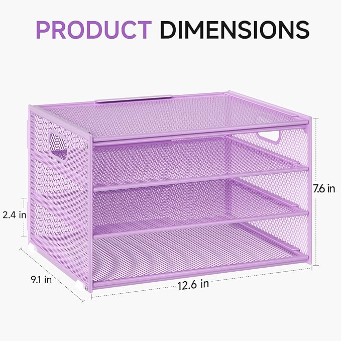 Lavatino 3-Tier Letter Tray Desk Organizer, Mesh Paper File Tray Organizer for Desk, Office Supplies & Home Organization, Fits A4 Paper, Mail, Magazines & Office Accessories (Purple with Handle)