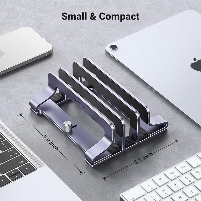 UGREEN 3-Slot Vertical Laptop Stand Holder Desk Compatible with MacBook Pro Air Laptop Stand Desktop Adjustable, Lenovo Ideapad, Surface Book, HP Notebook, Dell Chromebook Up to 17.3 Inch, Space Gray