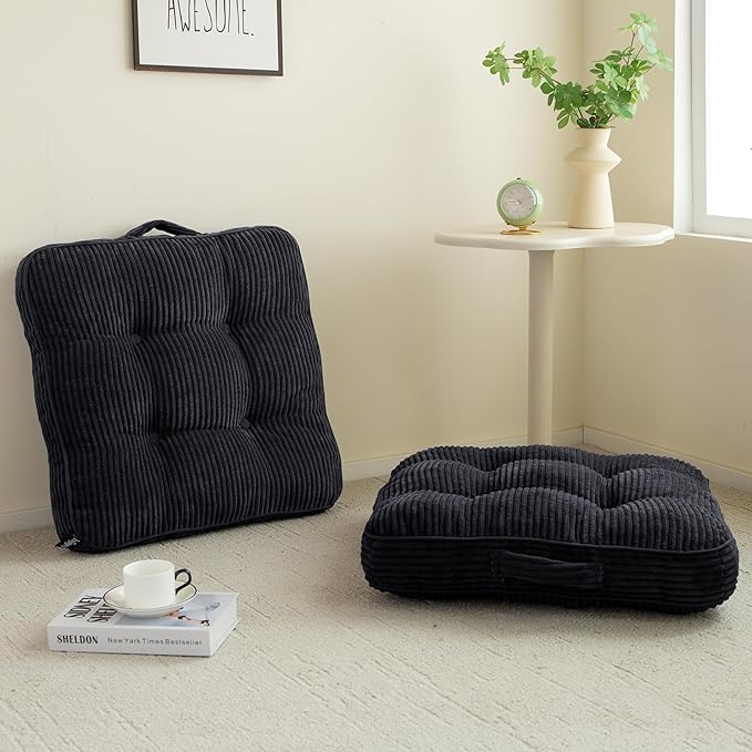 Washable Floor Pillow Cushion for Adults, Meditation Cushion Pillow, Large Square Floor Sitting, Removable Tufted Corduroy Cover, for Tatami Living Room or Yoga, 22x22 Inch, 2Pack, Machine Washable