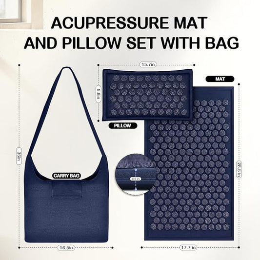LadyRosian Acupressure Set for Back and Neck Pain Relief, Muscle Relaxation Stress Relief Acupressure Mat and Pillow Set with Bag (Navy Blue)