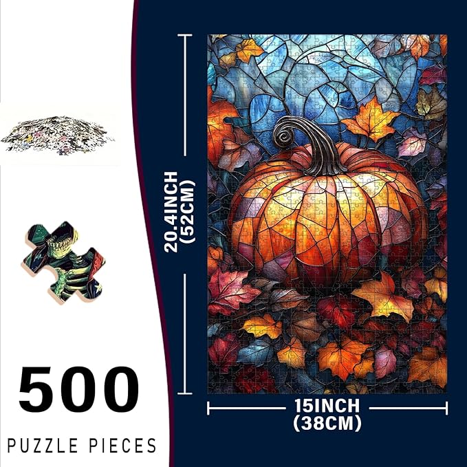 500 Piece Wooden Jigsaw Puzzle Autumn Pumpkin for Adults & Kids Challenging Brain Teaser with Educational Value Stress Relief Focus Tool for Family Bonding 20.4x15 Inch