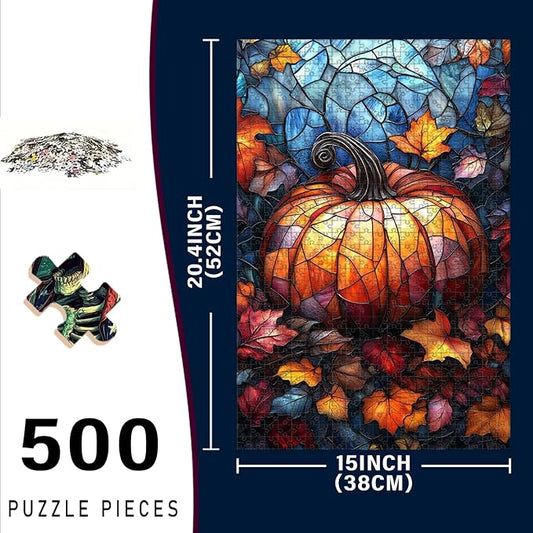 500 Piece Wooden Jigsaw Puzzle Autumn Pumpkin for Adults & Kids Challenging Brain Teaser with Educational Value Stress Relief Focus Tool for Family Bonding 20.4x15 Inch