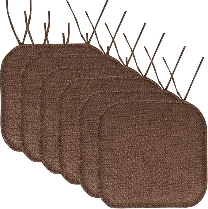 Chair Cushion Memory Foam Pads with Ties Honeycomb Pattern Slip Non Skid Rubber Back Rounded Square 16" x 16" Seat Cover, Herringbone Brown, 6 Count (Pack of 1)