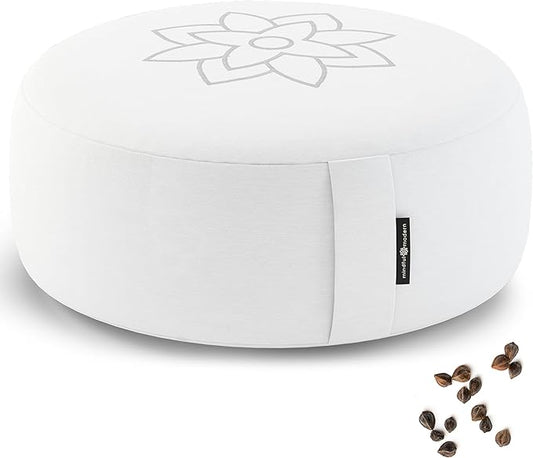 Mindful & Modern Large Meditation Cushion | Zafu Yoga Bolster Meditation Floor Pillow Seat | Buckwheat Hull Filled Crescent Shaped Cushion with Removable Washable Cover + Carry Handle