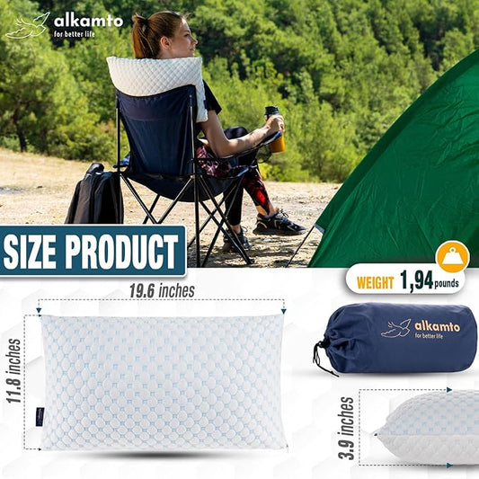 alkamto Cooling Shredded Memory Foam Pillow for Travel and Camping – Adjustable Gel for Personalized Support – Double-Sided Ice Silk & Soft Rayon – Lightweight, Compressible (White) (Travel)