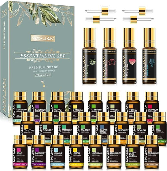 Top 28 Essential Oil Set for Diffuser Massage, 24x5ml Essential Oil Singles, 4x10ml Essential Oil Blends for Home Office Yoga