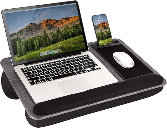 LAPGEAR Home Office Pro Lap Desk with Wrist Rest, Mouse Pad, and Phone Holder - Gray Woodgrain - Fits up to 15.6 Inch Laptops - Style No. 91595