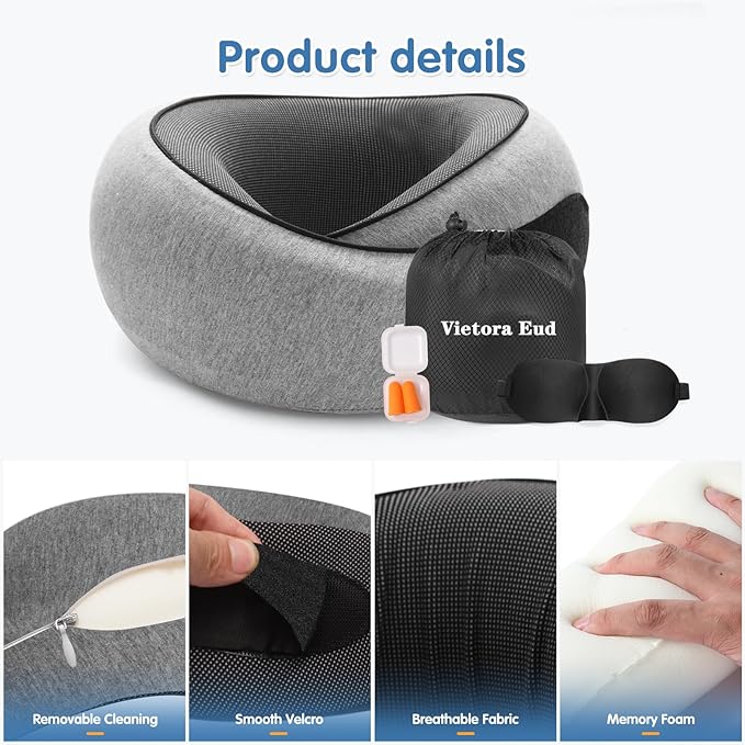 Ergonomic Travel Neck Pillow with Memory Foam Support – Comfortable Airplane Pillow for Adults, Portable Neck Cushion for Car, Office and Long Flights with Eye Mask, Earplug Holder and Carry Bag