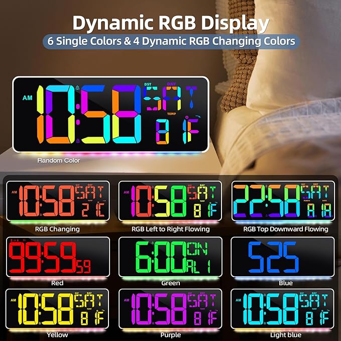 CYMHCHL Large Digital Wall Clock Large Display 11 Colors Available with Colorful Night Light Temperature Date Week DST Auto-Dimming Big LED Clock Count Up & Down Timer for Home Gym Office School