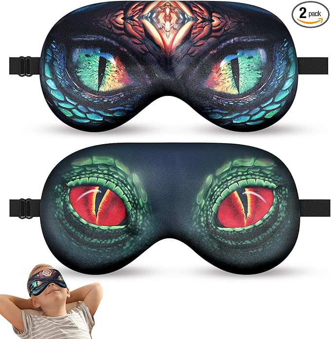 2 Pcs Sleep Mask for Kids Boys, Silk Eye Covers for Sleeping, Adjustable Strap & Light Blocking Design, Adult Children's Bedtime Blindfold for Travel and Home Use (Red Dinosaur Eyes)