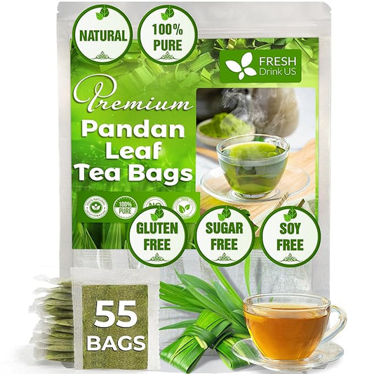 FreshDrinkUS, Premium 55 Pandan Leaf Tea Bags, 100% Natural & Pure from Pandan Leaves. Loose Leaf Pandan Herbal Tea. Made with Natural Material Tea Bags. No Sugar, No Caffeine, No Gluten, Vegan.
