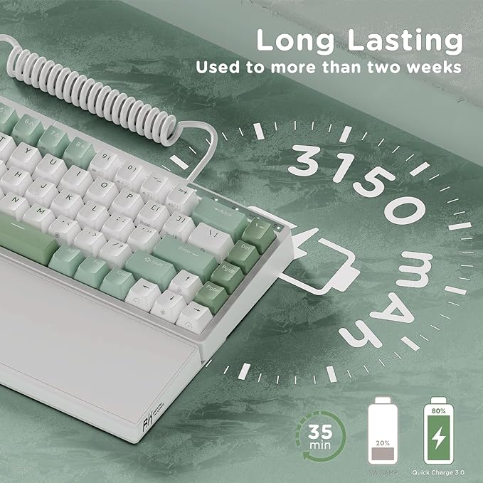 RK ROYAL KLUDGE RKS70 Ergonomic Split Mechanical Keyboard, Wireless Bluetooth/2.4G/Wired Keyboard with Wrist Rest, 75% RGB PC Gaming Keyboards for Win/Mac, Hot Swappable Silver Grey Switches, White
