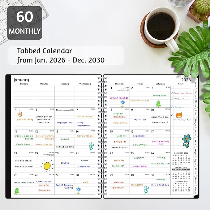 Monthly Planner 2026-2030, 5-Year Calendar Planner 2026-2030, Jan 2026 – Dec 2030, 8.5 x 11 In, Ruled Spread, Flexible Cover, Spiral Wirebound, Pocket, 60 Coated Monthly Tabs, Notes ＆ Habit Tracker, A4 Planner, Black