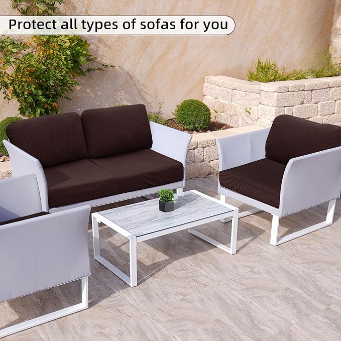 8Pcs Stretch Patio Cushion Cover Outdoor Cushion Cover Slipcovers Couch Cover Waterproof Replacement Sofa Cushion Covers Thick Jacquard Textured Twill Fabric Porch Patio Furniture Protector（Coffee）