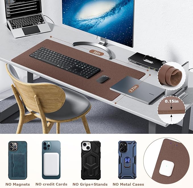 Wireless Charging Mouse Pad Firelison 2 in 1 Leather Multifunctional Office Desk Pad with Non-Slip Rubber Base, Waterproof Desk pad for Computers/Office/Work/Home/Decor（ 36" x 17"Brown - L）