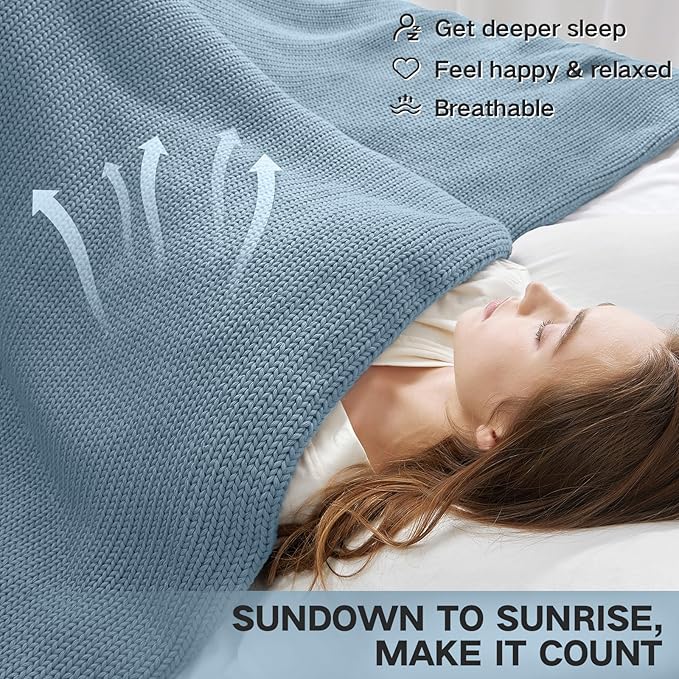 Guohaoi Knitted Weighted Blanket for Adults (Haze Blue 48"x72" 10lbs) No Beads Cooling Throw Blanket for Hot Sleepers, Home Decor Breathable Chunky Knit Heavy Blanket Use on Full Size Bed
