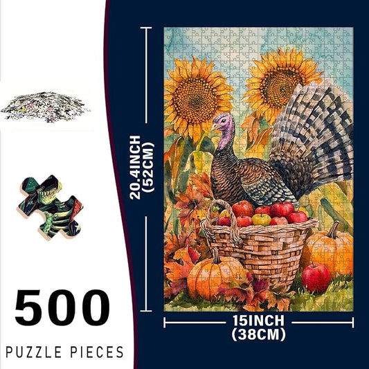 500 Piece Wooden Jigsaw Puzzle Fall Turkey for Adults & Kids Challenging Brain Teaser for Family Bonding Stress Relief Focus Trainer & Educational Toy 20.4x15 Inch