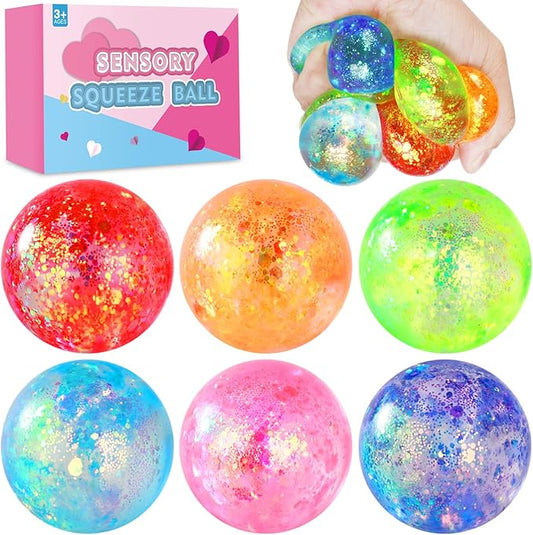 Stress Balls for Kids & Adults - 6 Pack Malt Sugar Squishy Fidget Toys, Slow Rise Glitter Gel Ball, Stretchy Squeeze Stress Relief Balls for Anxiety/Therapy/Classroom, Slow-Rise Sensory Toys