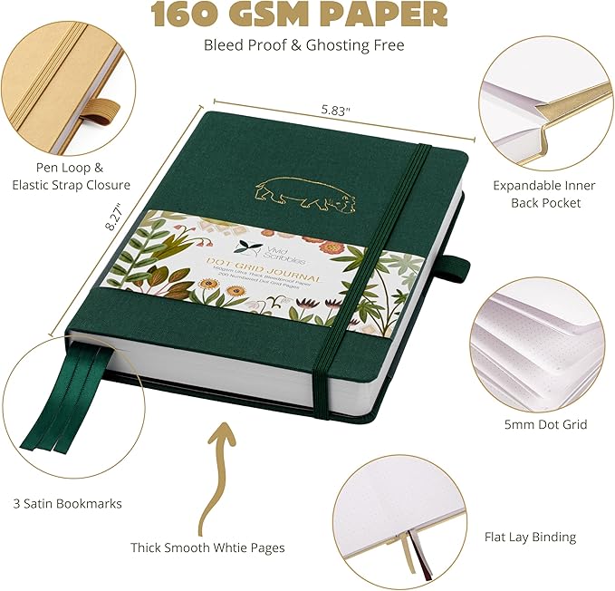 Dotted Journal Notebooks: Bullet Dotted Journal with 200 Numbered Dot Grid Pages, 160gsm Thick White Bleedproof Paper and 3 Sheets of Journal Stickers for Creatives