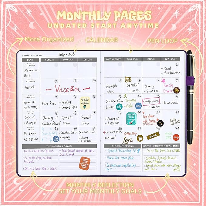 2025 Undated Academic Planner Hardcover (5.5x8.5") - Flexible Weekly & Monthly Organizer with Stickers, Productivity Journal for Students & Professionals(Pink)