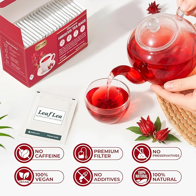 LeafLea 80 Hibiscus Tea Bags, 100% Natural Hibiscus Flowers, Caffeine-Free Herbal Tea, Red Hibiscus Flower Tea Bags, Te de Hibisco Natural, Sugar-Free, Non-GMO, Gluten-Free, Vegan (Pack of 2)
