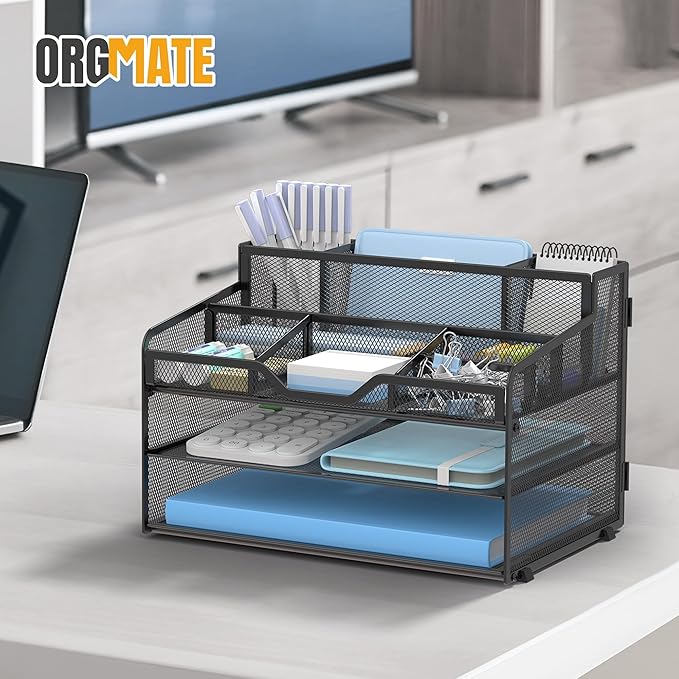OrgMate 3 Tier Mesh Desk Organizer,Multi Functional Letter Paper Tray with 3 Pen Holders and 5 Adjustable Storage Compartments for Office Supplies Files and Mail Space Saving Desktop Organizer-Black