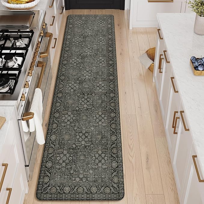 KIMODE Anti Fatigue Kitchen Mats for Floor, 20"x71" Boho Oriental Kitchen Rug, Non Slip Waterproof Kitchen Floor Mats, Memory Foam Kitchen Mat for Sink Laundry Office Desk Green/Grey