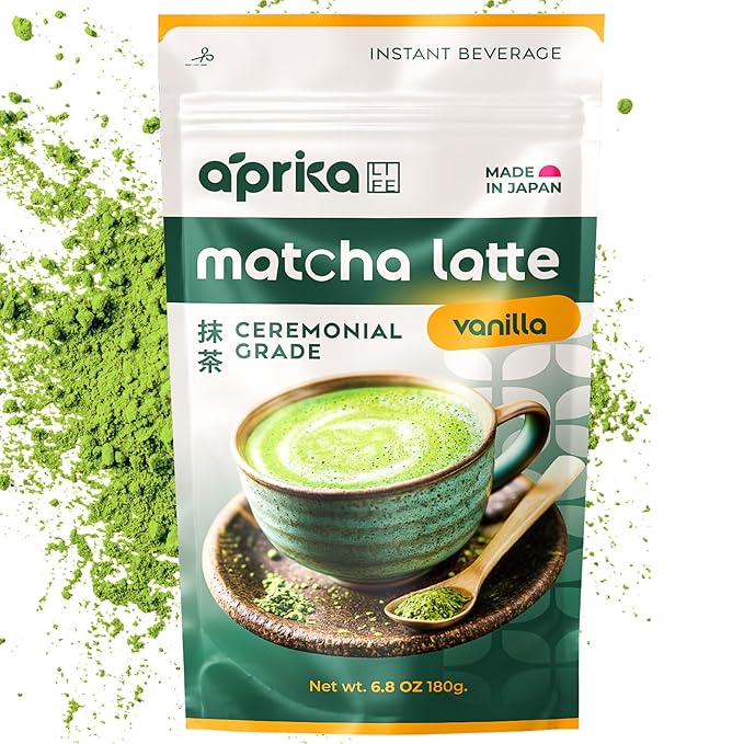 AprikaLife Matcha Latte Powder, Premium Barista Crafted Mix with Natural Vanilla Flavor - Authentically Japanese - 1st Harvest Ceremonial Grade, Sweet Matcha Powder Used by Coffee Shops 6.8 oz / 180g