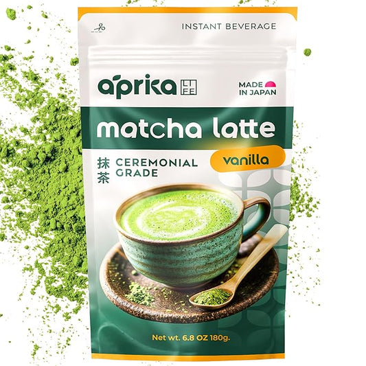 AprikaLife Matcha Latte Powder, Premium Barista Crafted Mix with Natural Vanilla Flavor - Authentically Japanese - 1st Harvest Ceremonial Grade, Sweet Matcha Powder Used by Coffee Shops 6.8 oz / 180g