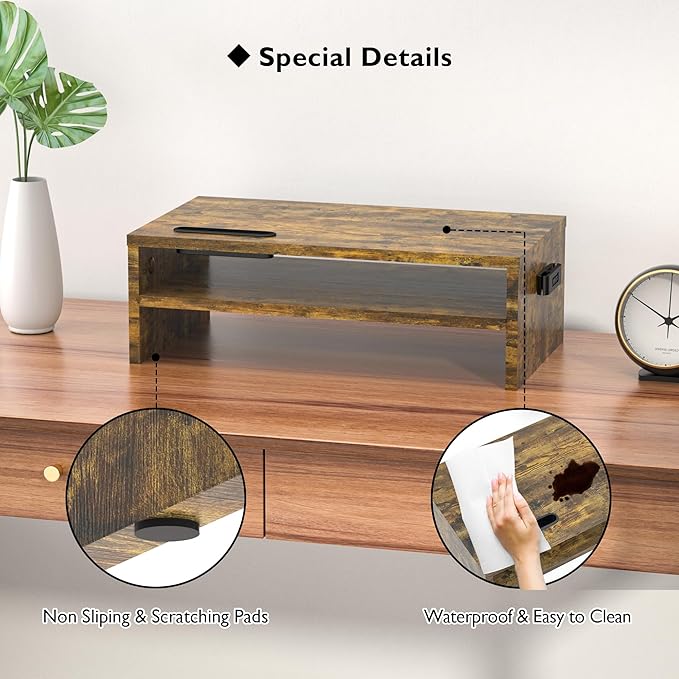 BONTEC Wooden Monitor Stand Riser, 2-Tier Desk Shelf with Storage Organizer, Ergonomic Computer Stand with Cable Management, Cellphone Holder, Vintage Brown, 16.5 Inch